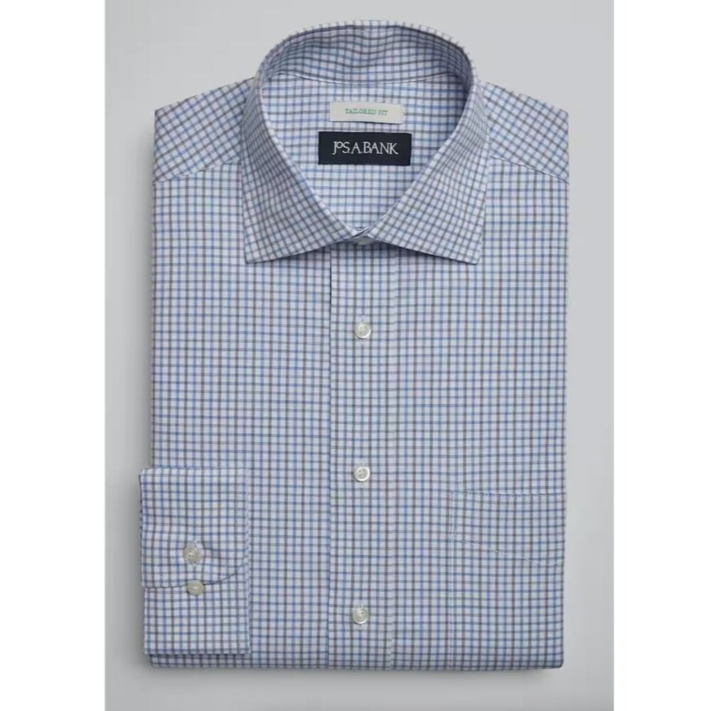Jos. A. Bank Tailored Fit Multi-Check Dress Shirt for Men– Blue Size 17.5 X32/33